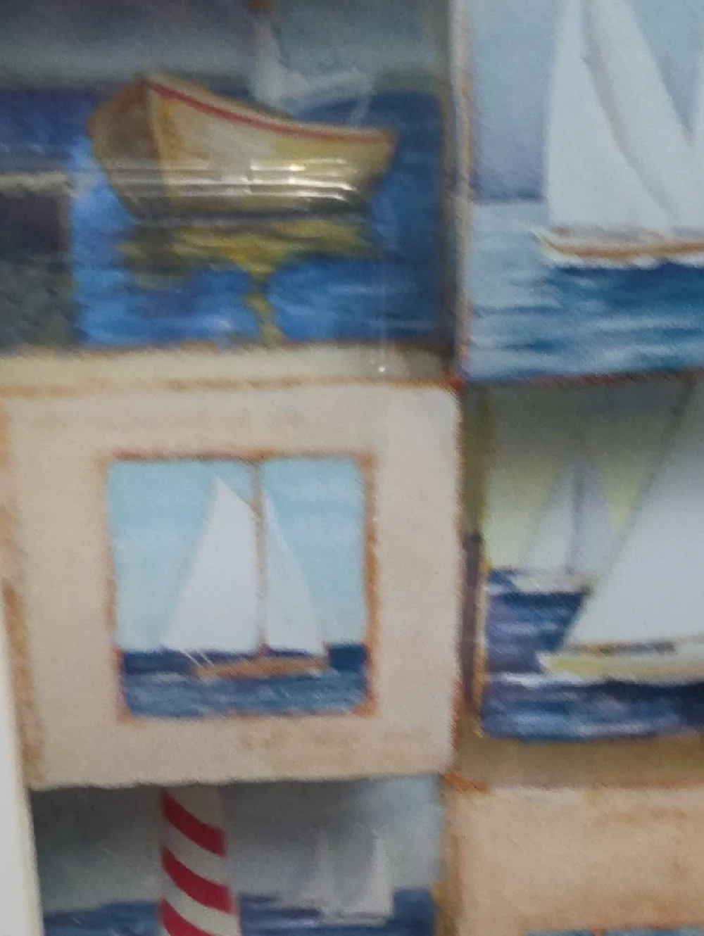 Coastal Sailboat Collage Wall Art - White Frame - 9 Tiles 3D
